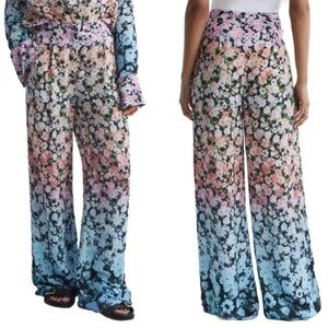 Reiss Serena Floral Print Wide Leg Trousers Size 12 Pink Purple Blue